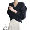 A new women's wear with a simple and elegant cross-V-neck loose knitted sweater top Item Picture